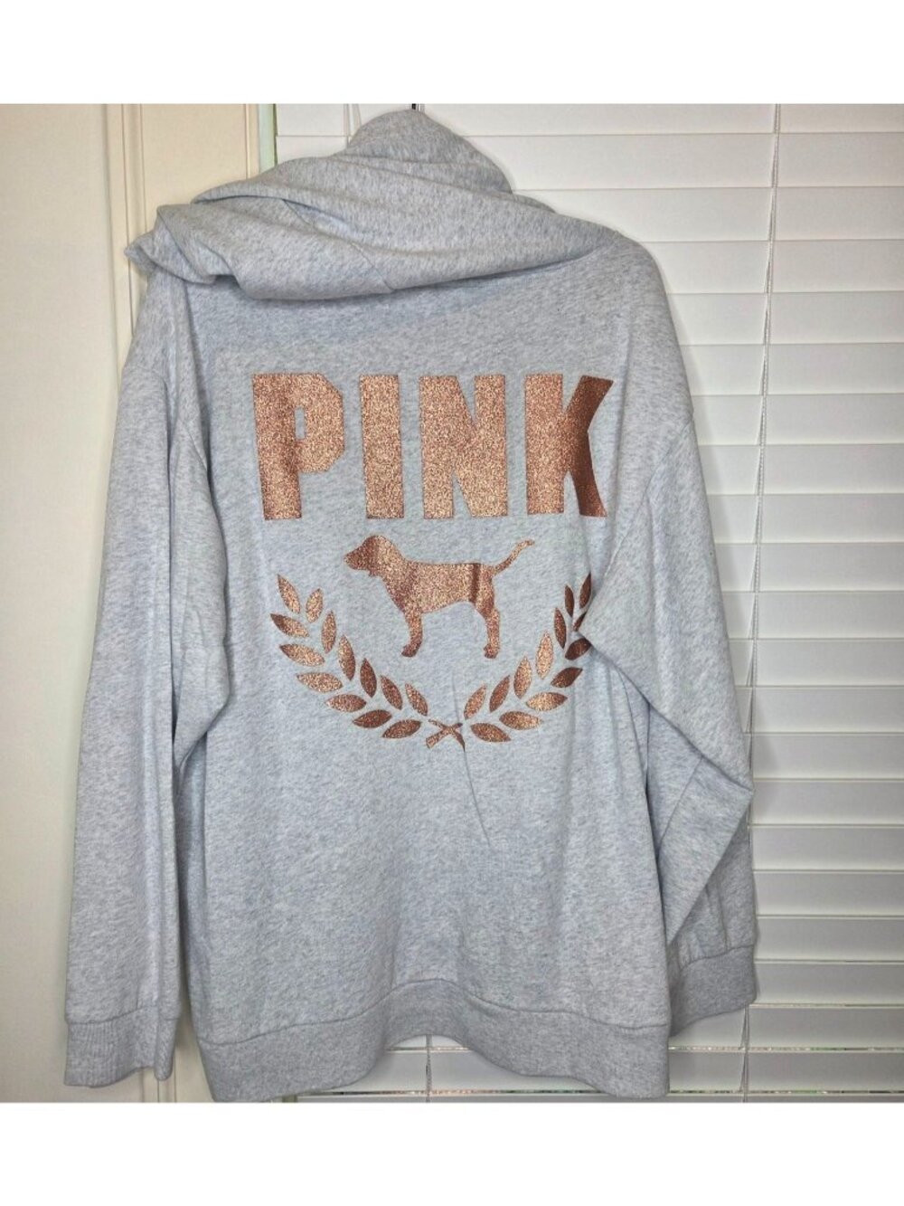 Victorias Secret Pink Gray Hoodie XL Glitter Rose Gold Dog Logo Bling Campus